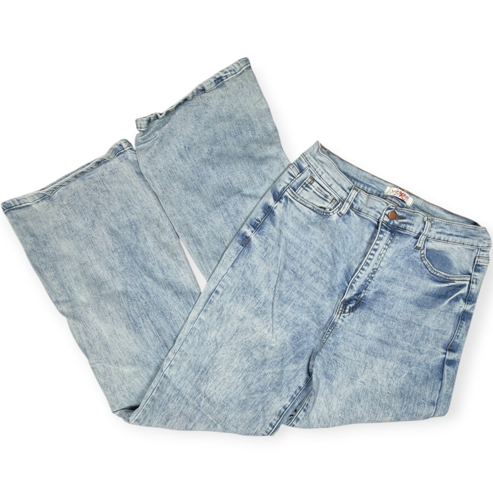 Vibrant M.I.U. Acid Wash High Rise Flare Jeans Stretch Size 15 W31 Thrashed